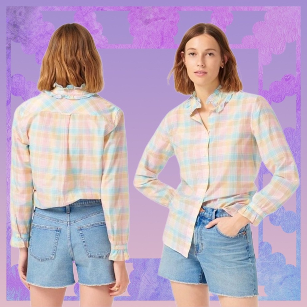 j.crew • classic-fit cotton-silk voile ruffleneck shirt in pastel plaid 4